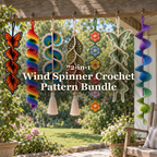 Seven colourful crochet wind spinners hanging from hooks beneath a wooden porch beam above a sunny garden: 72-in-1 Wind Spinner Crochet Pattern Bundle