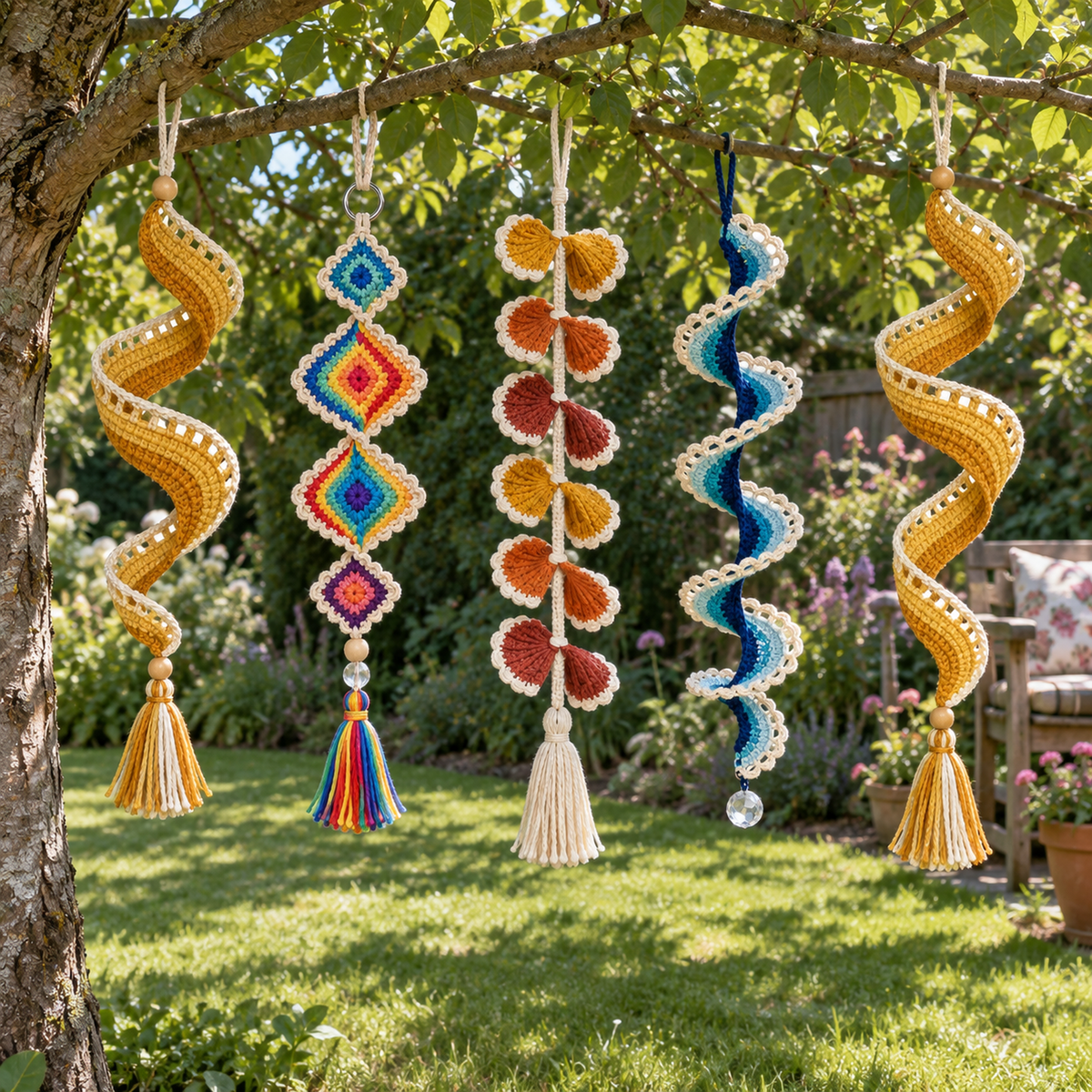 Five crochet wind spinners with gold spirals, rainbow diamonds, warm-coloured petals and blue scalloped lace hang from one garden tree above a lawn.