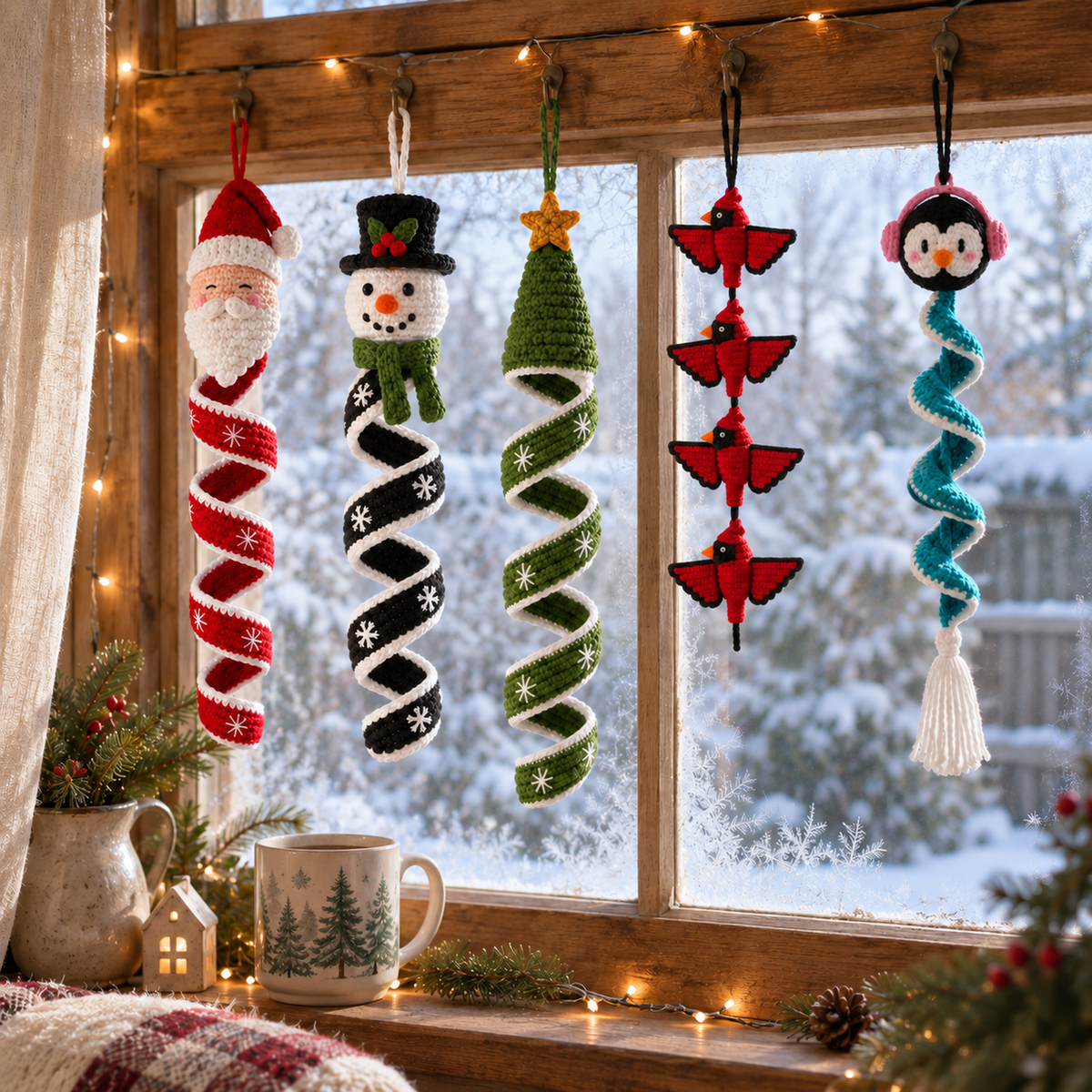 Santa, Snowman, Christmas Tree, red Cardinal and Penguin crochet wind spinners hang along a frosty window with warm fairy lights.
