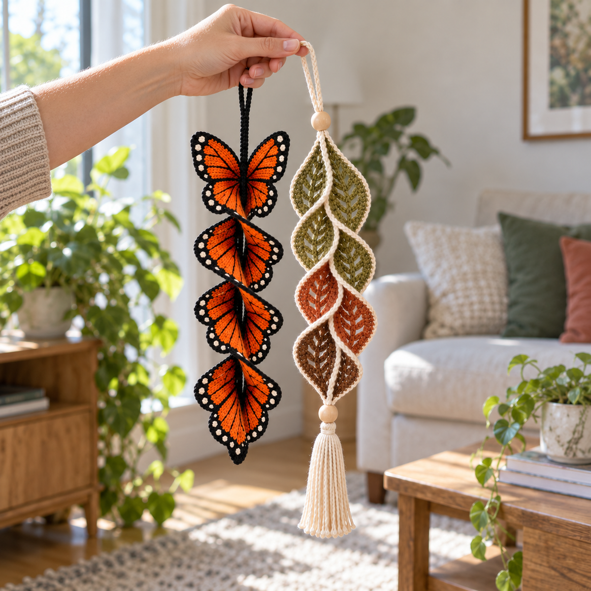 An adult hand holds an orange-and-black Monarch butterfly spinner and an olive, russet and brown Woodland Vein spinner by their loops in a bright living room.