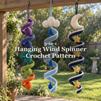 Rainbow, Rain Cloud and Night Sky crochet wind spinners hanging side by side beneath a sunny porch beam: 3-in-1 Hanging Wind Spinner Crochet Pattern