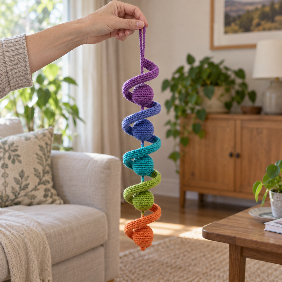 An adult hand holds the Rainbow crochet wind spinner by its purple loop in a living room, with the whole spinner hanging below.