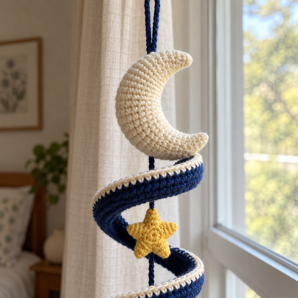 A close view of the cream crescent moon, cream-edged navy crochet band and a gold star on the Night Sky wind spinner beside a bedroom window.