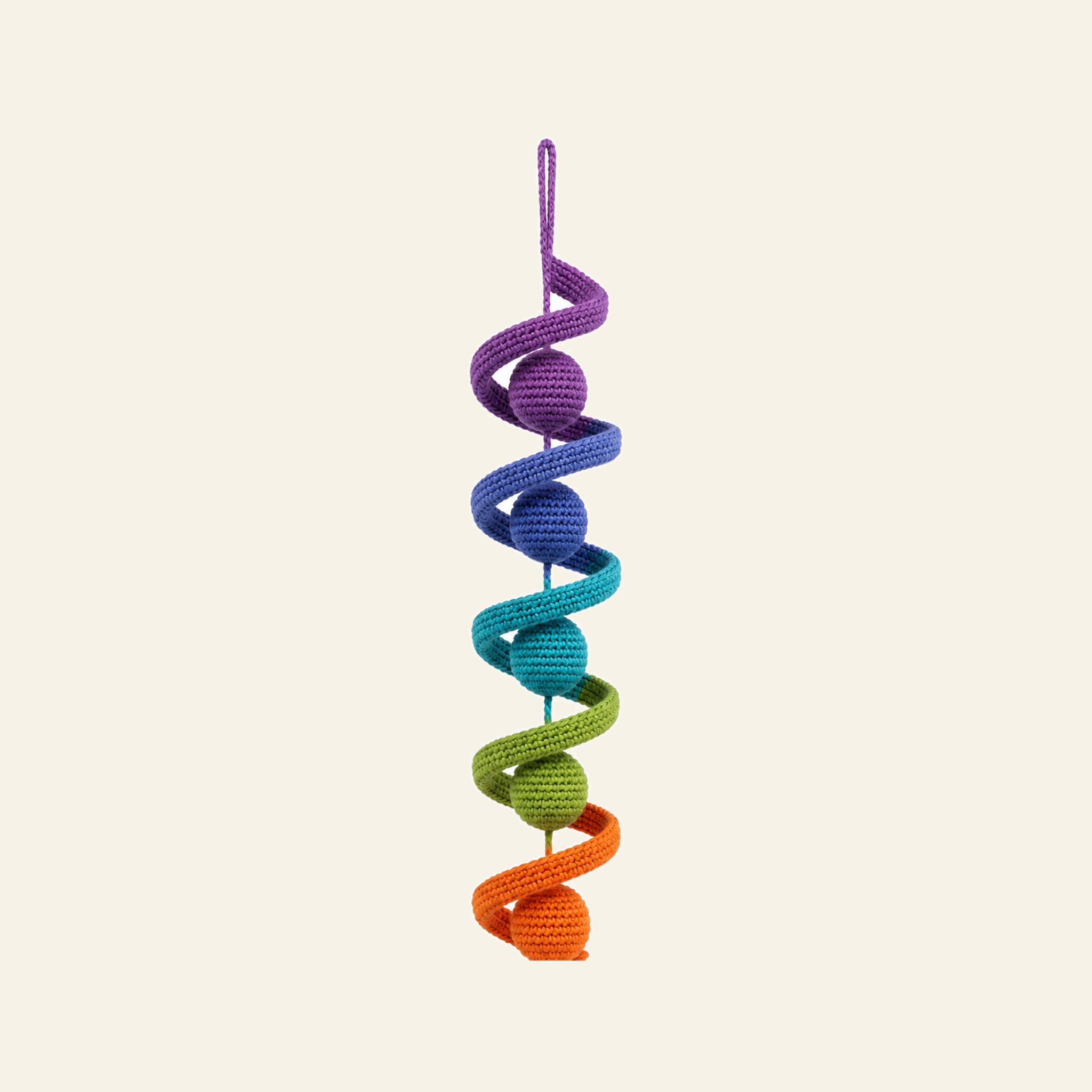 Rainbow crochet wind spinner - five stuffed balls inside a striped coil