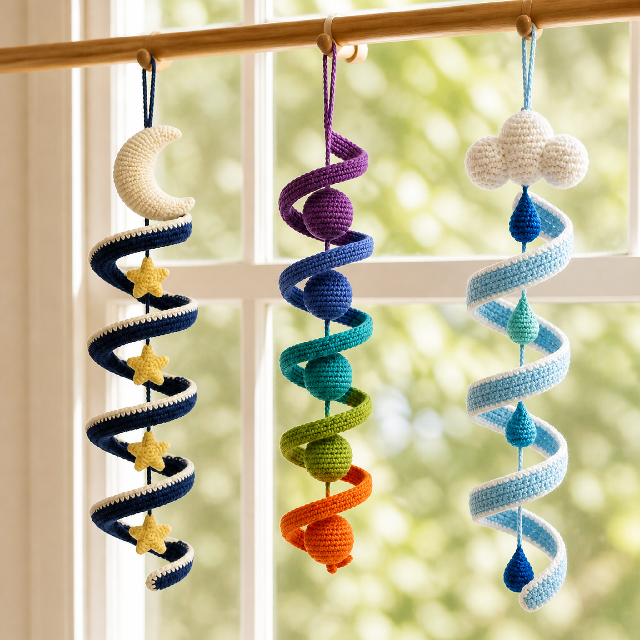 Crochet wind spinners hanging from hooks in front of a bright window
