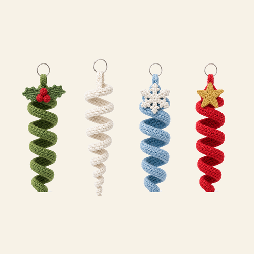 Four crochet spiral Christmas ornaments -- holly, icicle, snowflake and star