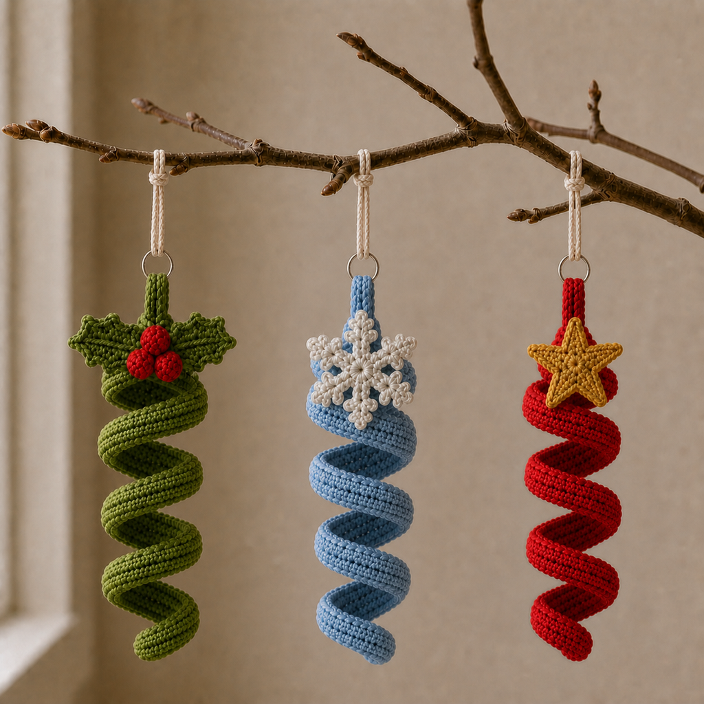 Three crochet spiral ornaments hanging from a bare branch