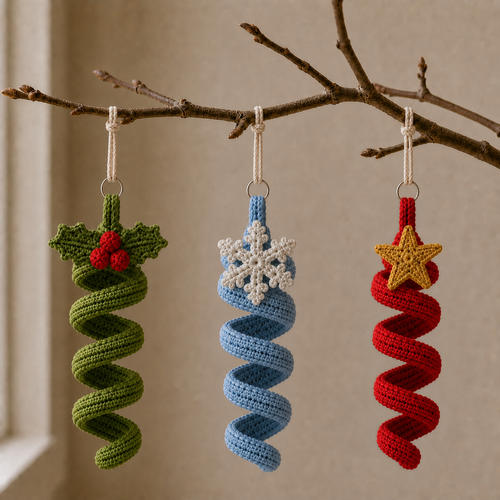 Three crochet spiral ornaments hanging from a bare branch