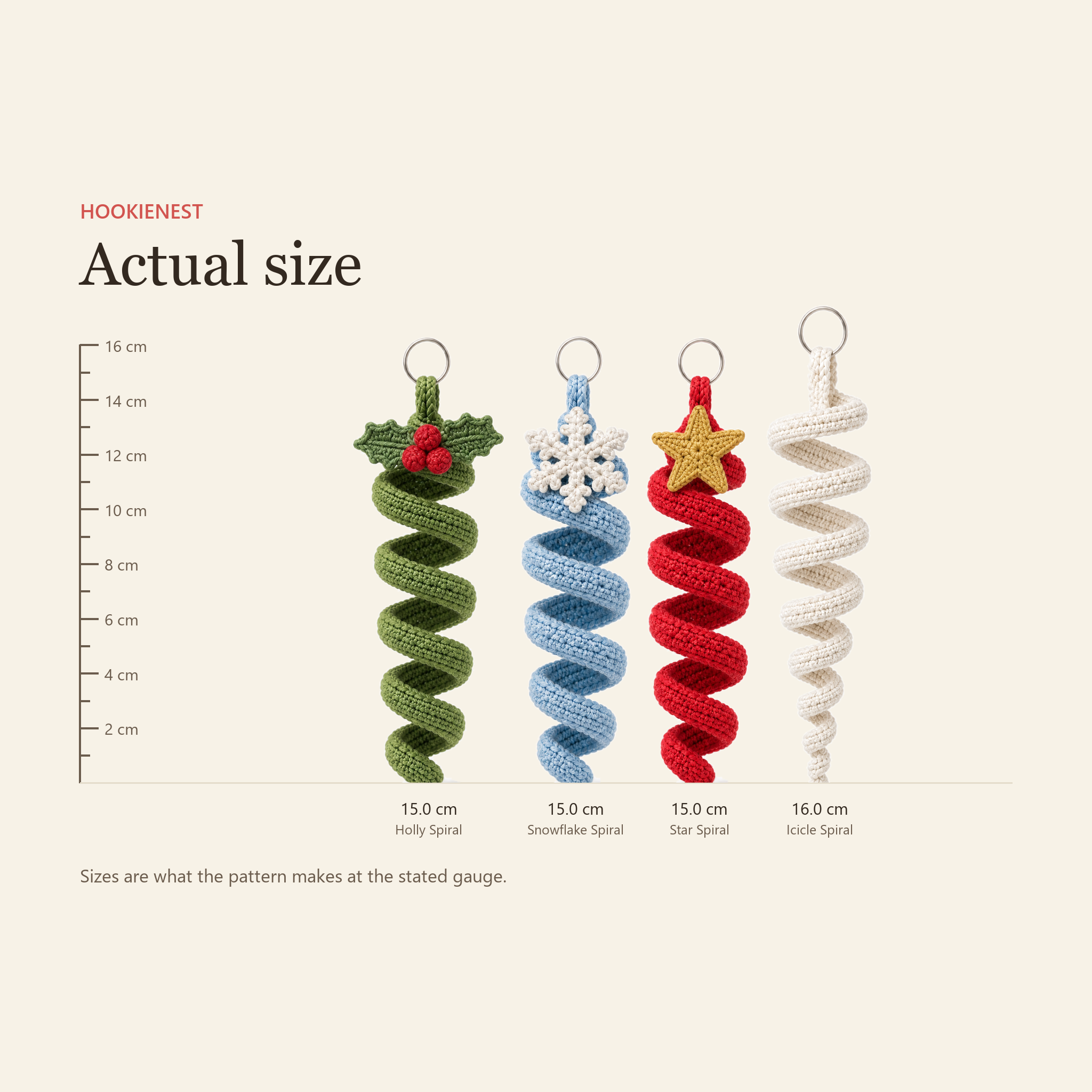 The four crochet spiral ornaments next to a ruler, 15 to 16 cm