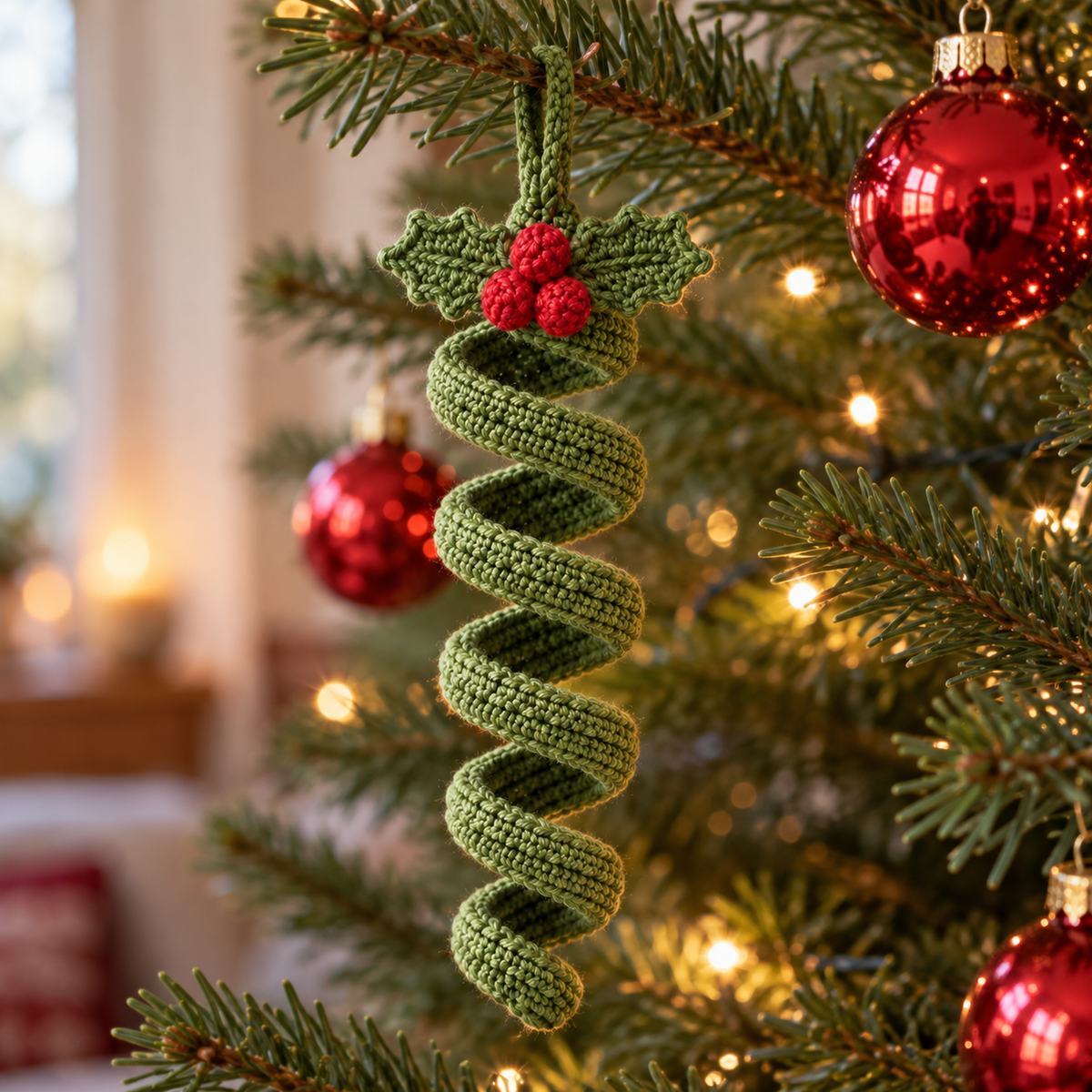 A green crochet spiral with two holly leaves and three red berries hanging on a pine branch beside red baubles