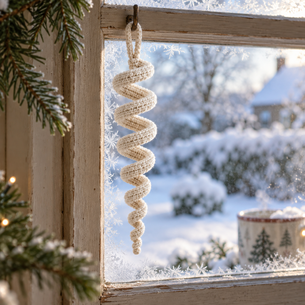An ivory crochet icicle spiral hanging by its loop in a frosty wooden window with a snowy garden beyond