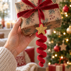 A red crochet spiral with a gold star hanging from a ribbon on a wrapped gift held up by an adult hand