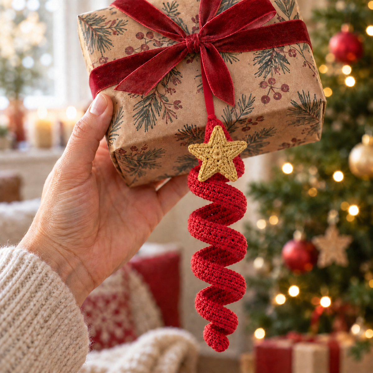 A red crochet spiral with a gold star hanging from a ribbon on a wrapped gift held up by an adult hand