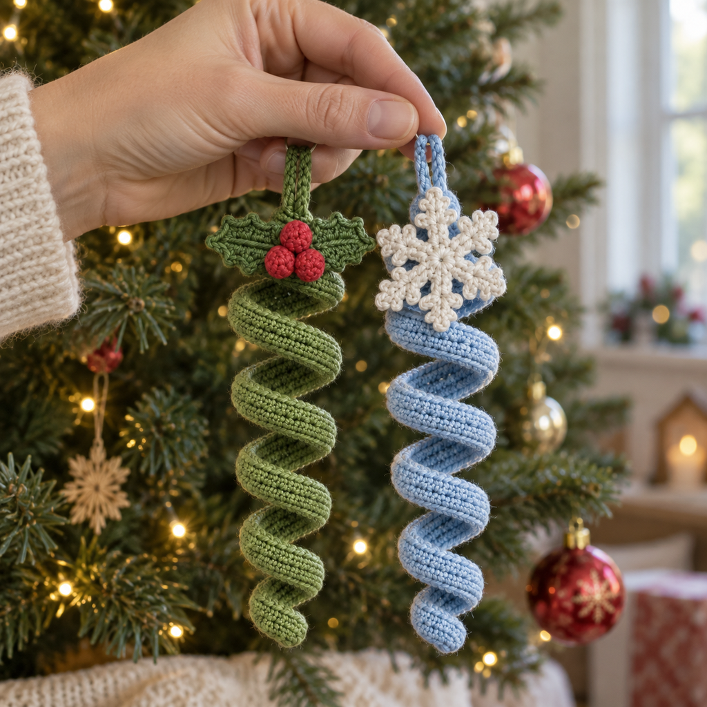 An adult hand holding green holly and ice-blue snowflake crochet spiral ornaments by their loops in front of a Christmas tree