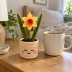 A yellow crochet daffodil with an orange trumpet and two green leaves stands in a cream smiling pot on a wooden bedside table beside a ceramic mug.