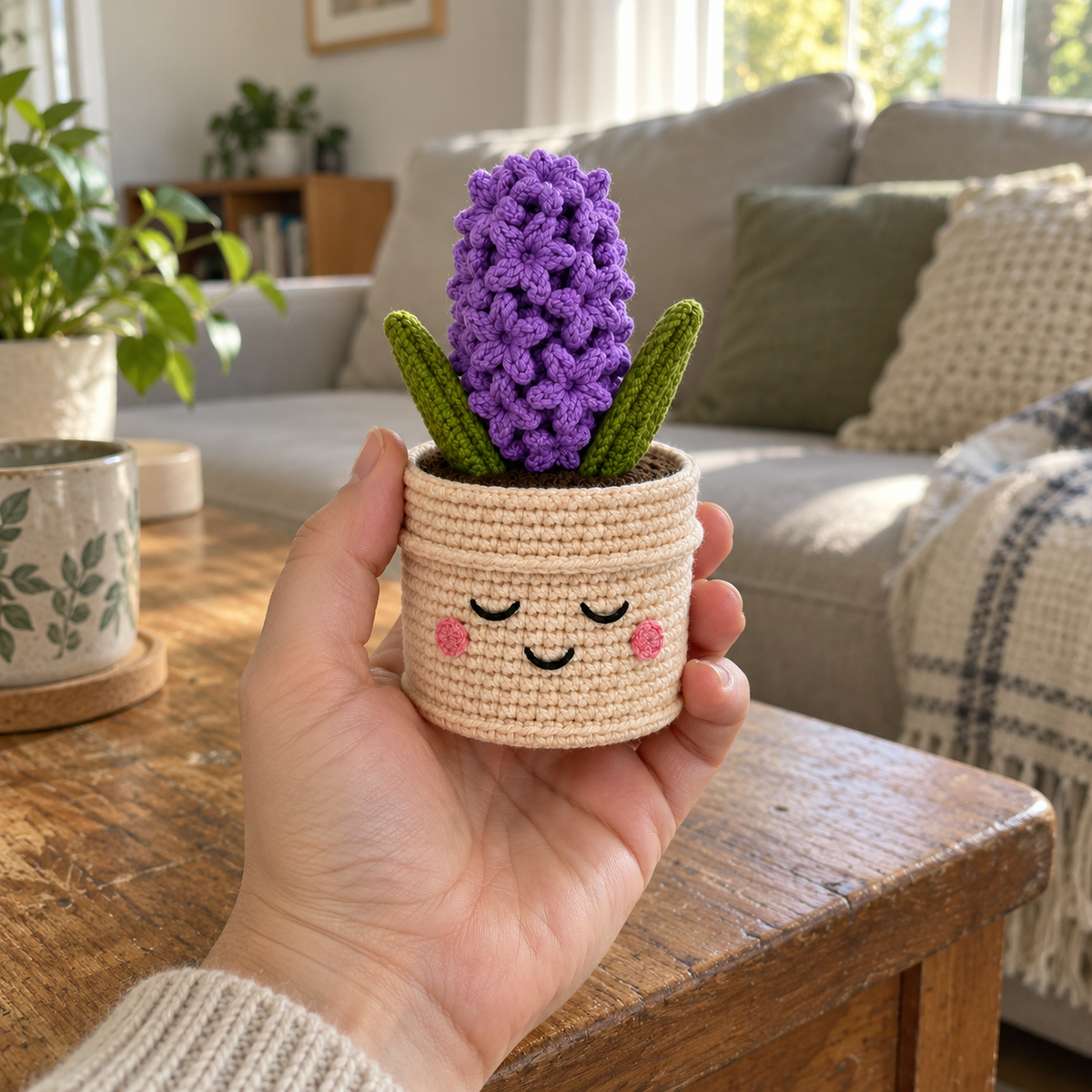 An adult hand holds a purple crochet hyacinth upright in a cream smiling pot above a wooden side table in a sunlit living room.