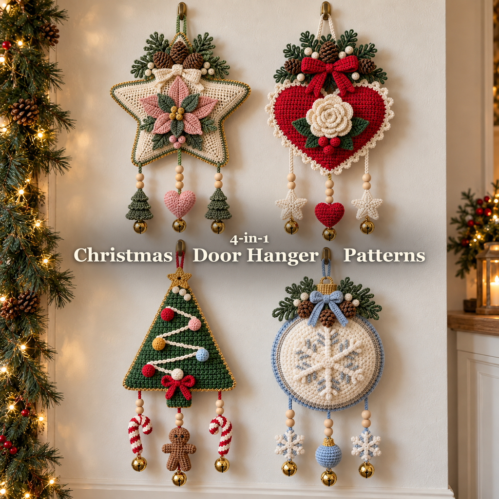 Four Christmas crochet door hangers displayed closely on a cream wall: a blush poinsettia star, red rose heart, green tree and frosted snowflake bauble, with their beaded charms and bells.