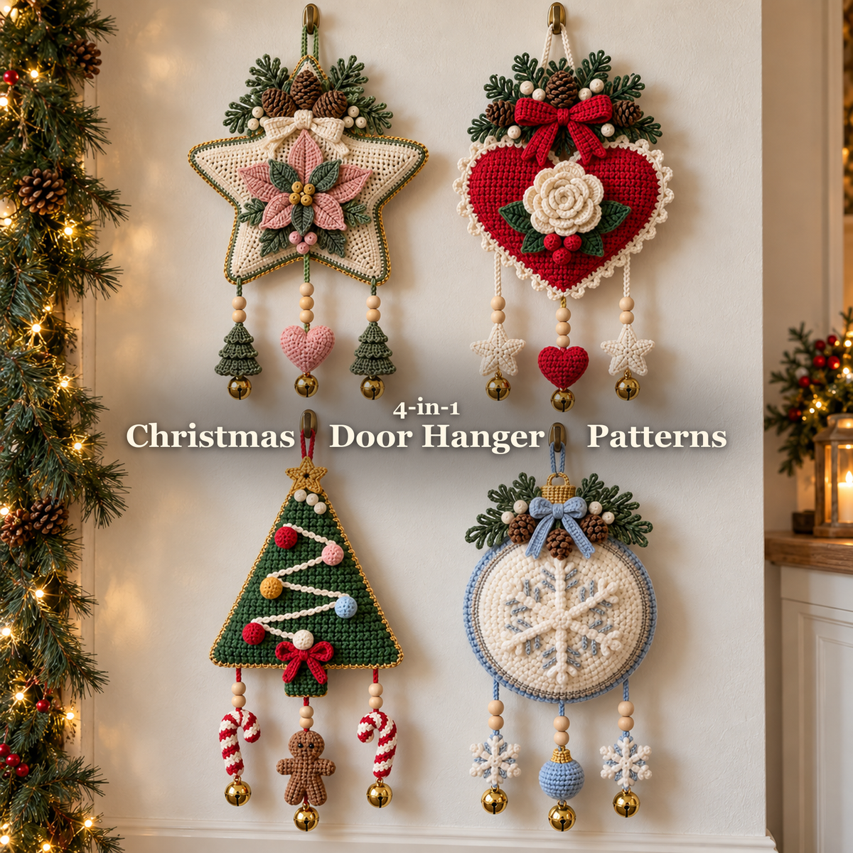 Four Christmas crochet door hangers displayed closely on a cream wall: a blush poinsettia star, red rose heart, green tree and frosted snowflake bauble, with their beaded charms and bells.