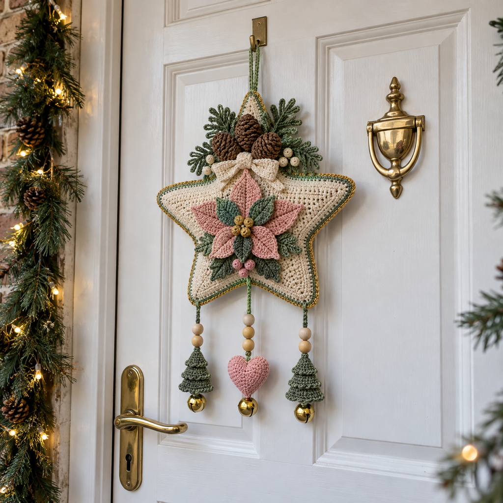 Cream star crochet door hanger with blush and sage poinsettia, crocheted pinecones and three beaded charm dangles on a white front door.