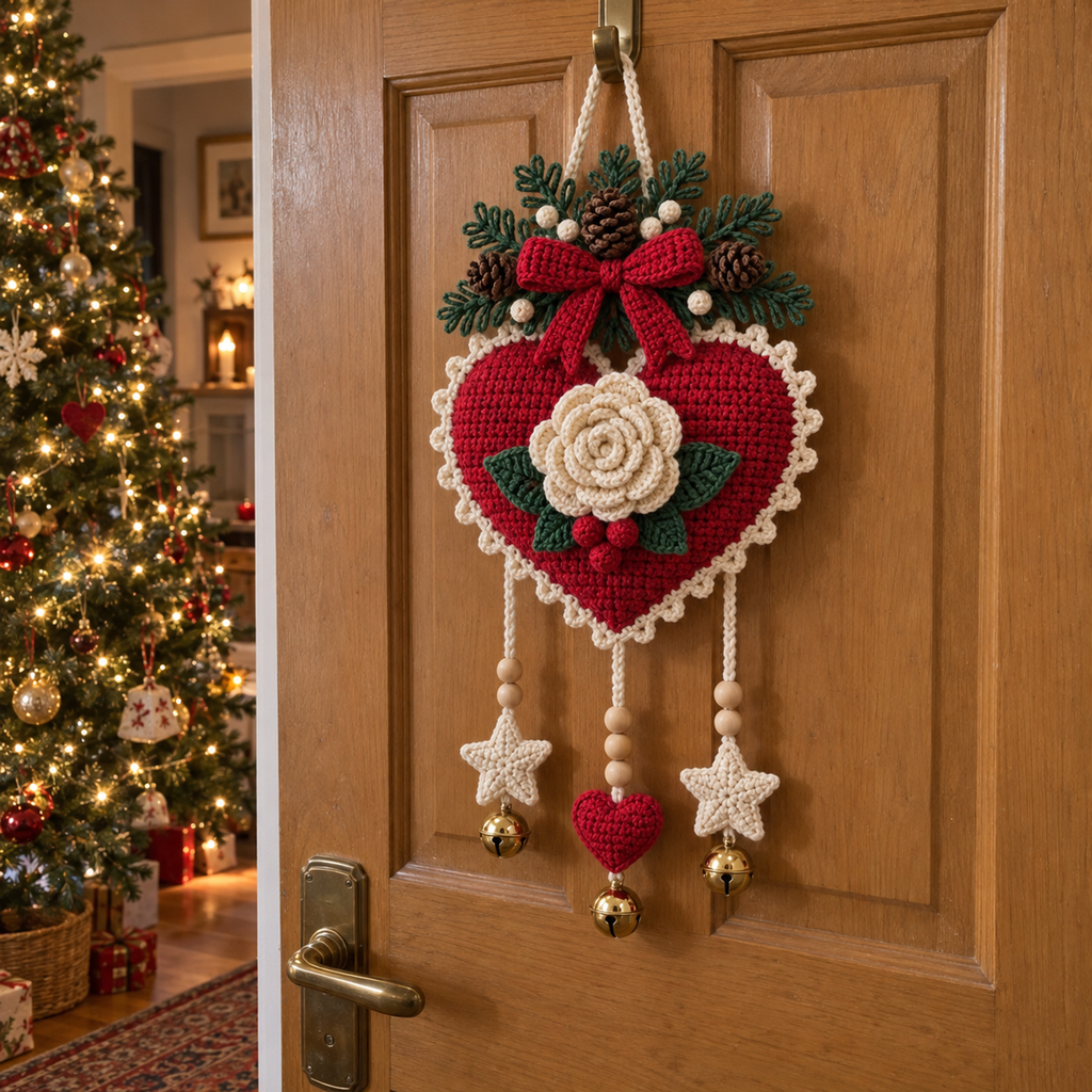 Red heart crochet door hanger with cream rose, cream picot edging and star and heart charms on a wooden door beside a Christmas tree.