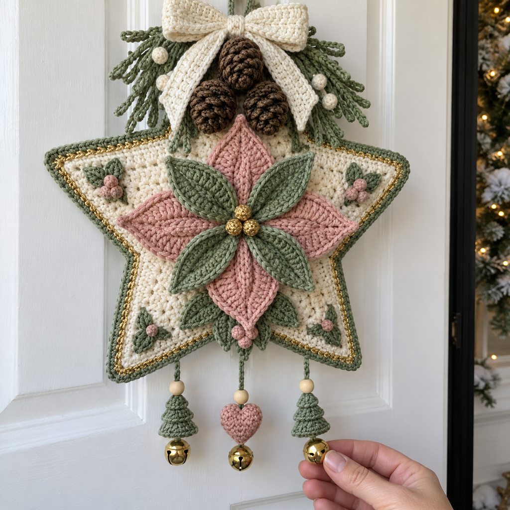 Close view of blush and sage crochet poinsettia, brown crocheted pinecones and cream bow, with an adult hand lifting a small gold bell.