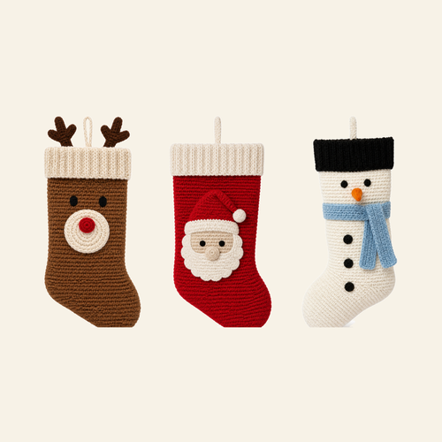 Three crochet Christmas stockings in a row -- Reindeer, Santa and Snowman, each 43 cm long