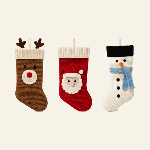 Three crochet Christmas stockings in a row -- Reindeer, Santa and Snowman, each 43 cm long