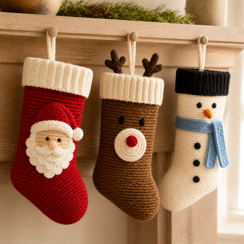 The three crochet stockings hanging side by side from hooks along a wooden mantelpiece