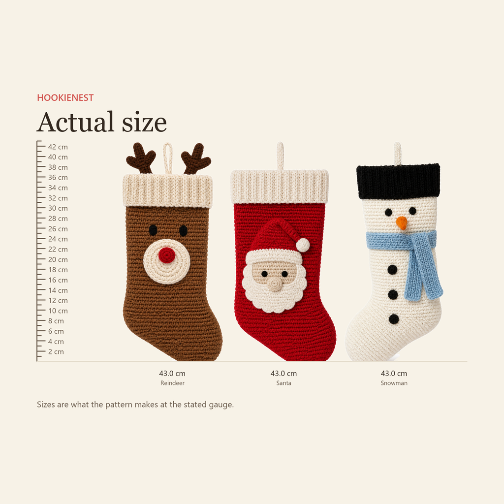 Size chart showing all three crochet stockings measure 43.0 cm