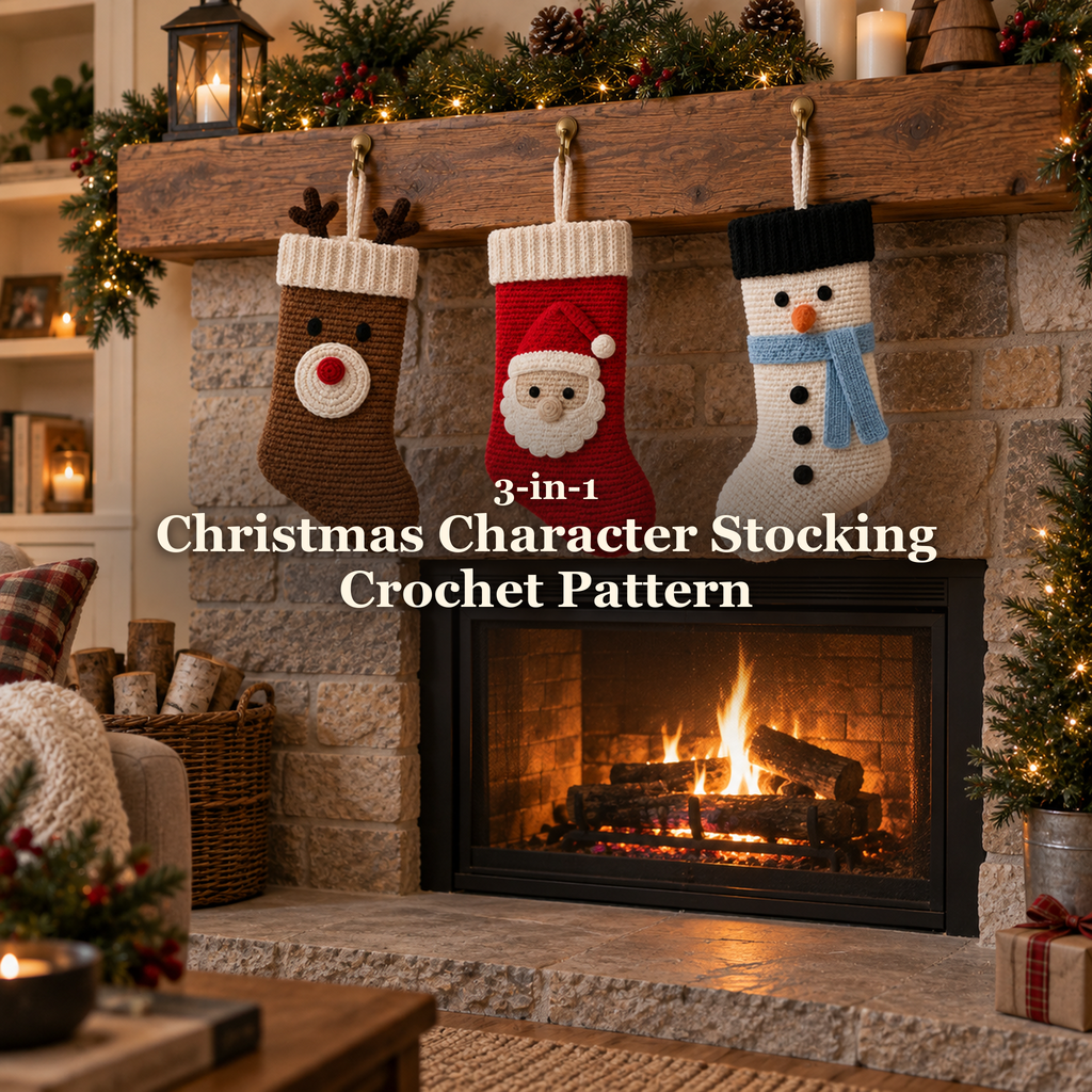 Brown Reindeer, red Santa and ivory Snowman crochet stockings hanging from a garland-draped mantel above a lit fireplace: 3-in-1 Christmas Character Stocking Crochet Pattern
