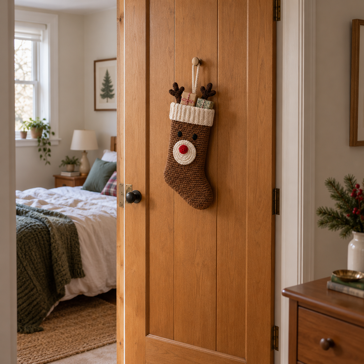 A brown Reindeer crochet stocking hanging on a bedroom door hook with two small wrapped gifts peeking above its cream cuff.