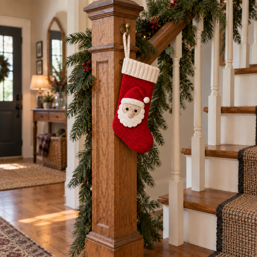 A red Santa crochet stocking hanging from a staircase banister decorated with evergreen garland.