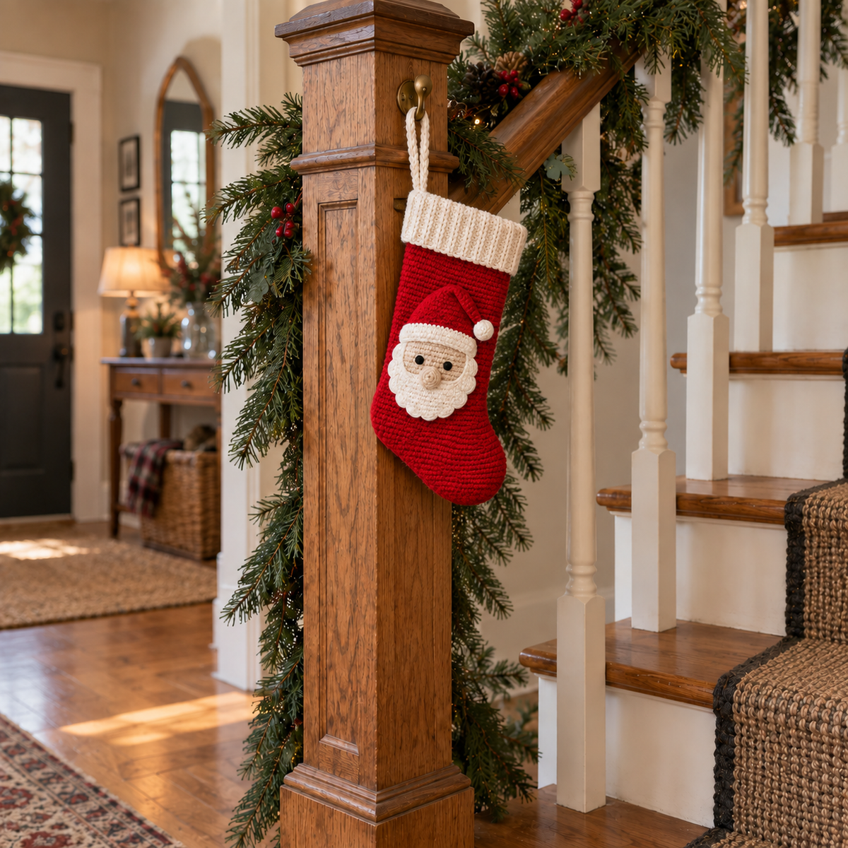 A red Santa crochet stocking hanging from a staircase banister decorated with evergreen garland.