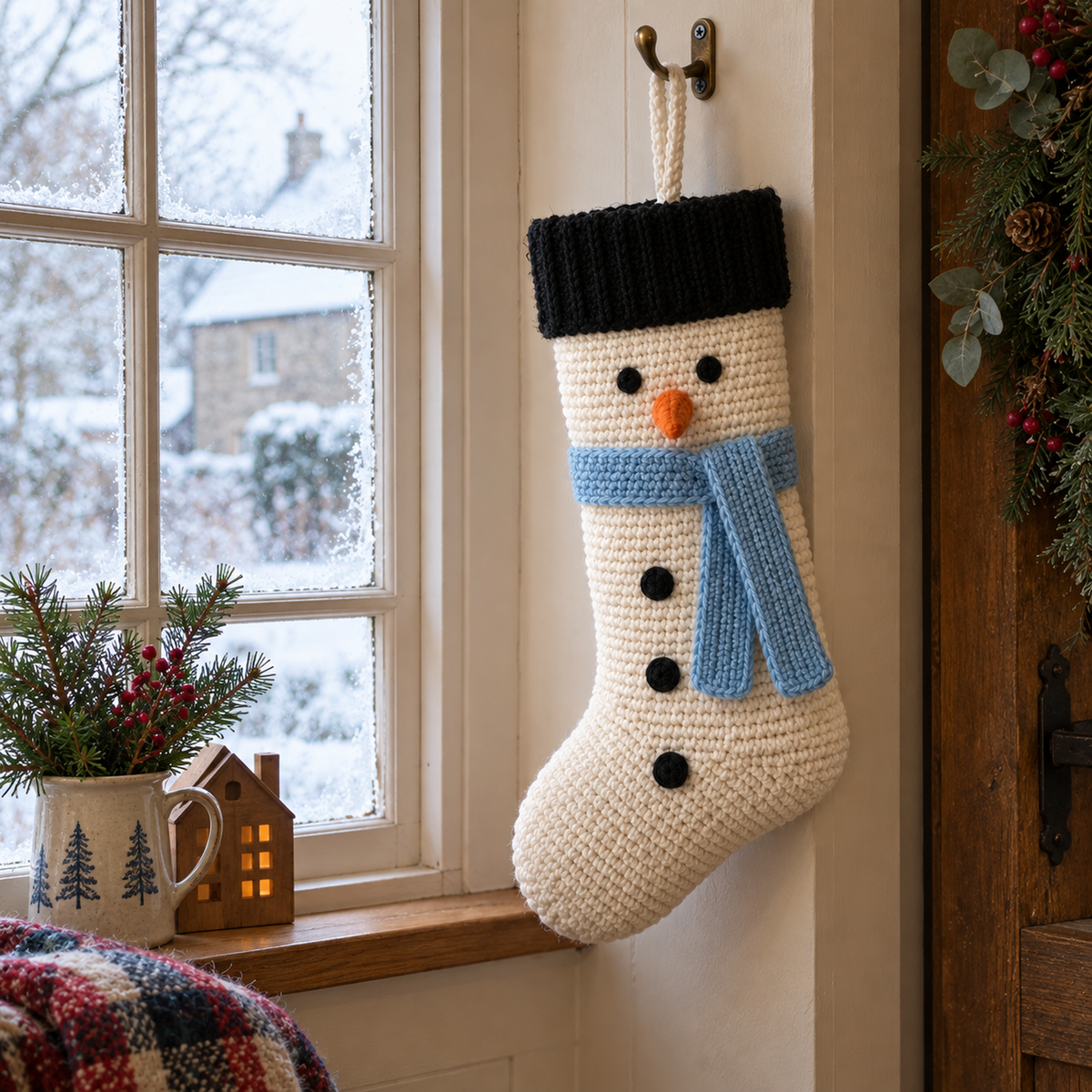 An ivory Snowman crochet stocking with a black cuff and blue scarf hanging beside a frosty window.