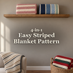 Four striped crochet blankets in a cosy living room with the title 4-in-1 Easy Striped Blanket Pattern on the empty wall.