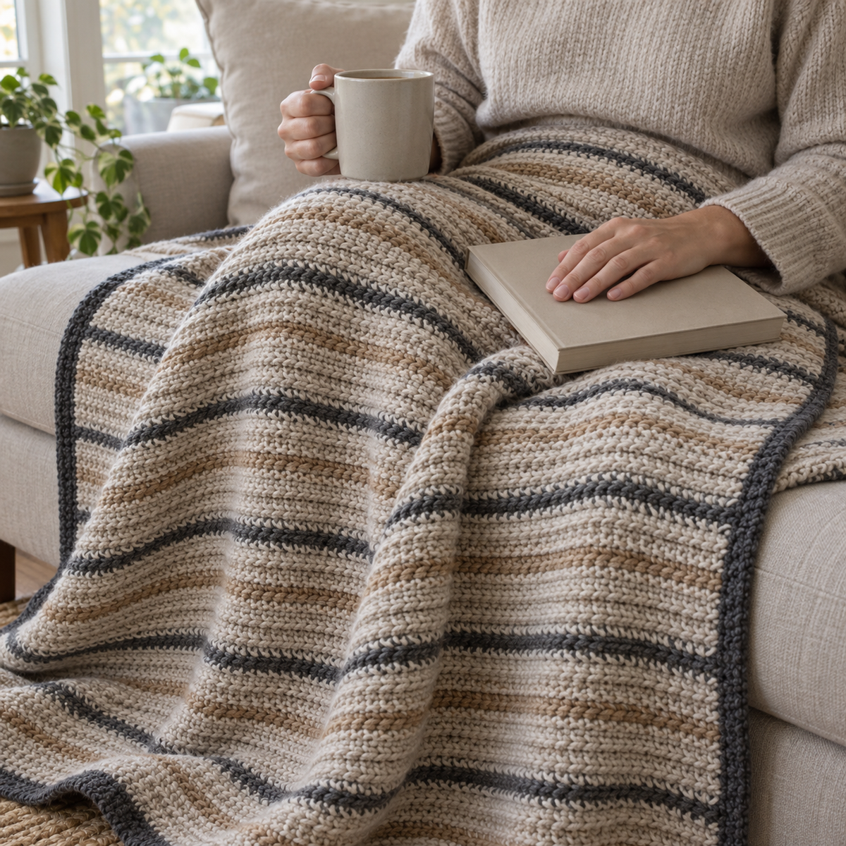 Oatmeal, sand and charcoal striped crochet throw with a charcoal border over an adult lap, with a mug and a plain book.