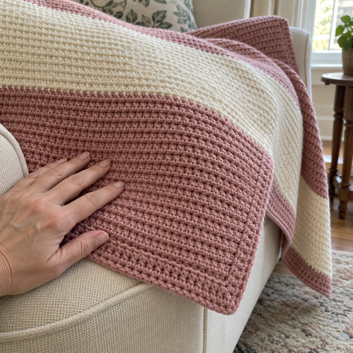 An adult hand touching the dusty pink corner, cream colour change and pink edging of a ridged crochet throw.