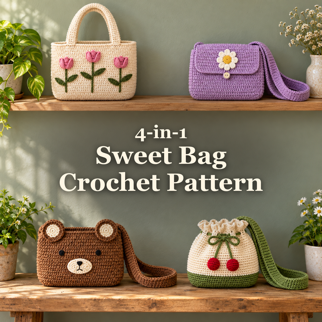 Four small crochet bags displayed on wooden shelves: a cream tulip tote, lilac daisy flap bag, brown bear bag and cream cherry pouch with green trim.