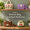 Four small crochet bags displayed on wooden shelves: a cream tulip tote, lilac daisy flap bag, brown bear bag and cream cherry pouch with green trim.