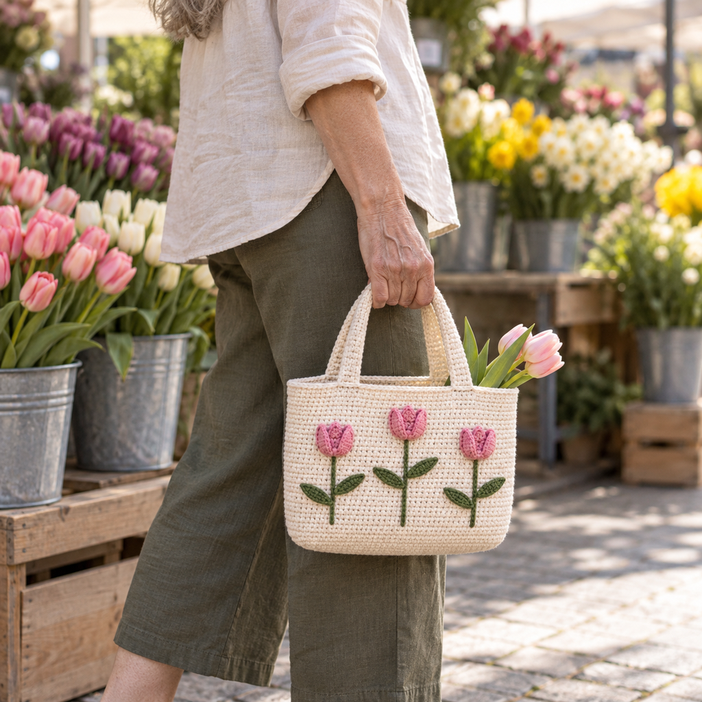 Cream crochet tote with three pink tulips and green leaves, carried by its arched handles at a flower market.