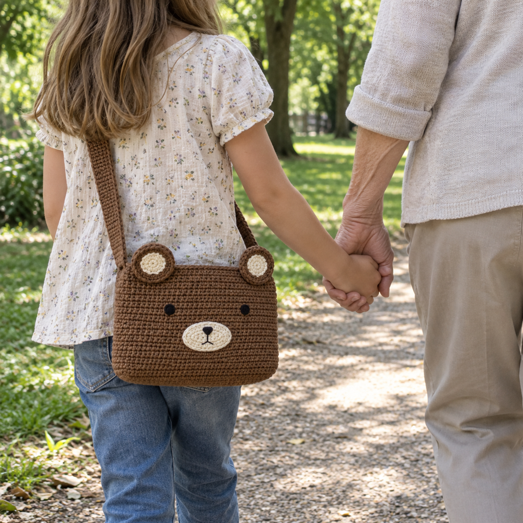 Brown crochet bear bag with cream inner ears and muzzle, worn crossbody during a walk in the park.