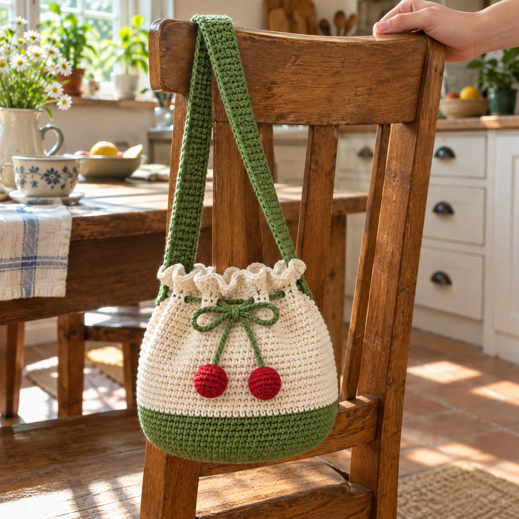 Cream drawstring crochet bag with a green base, ruffled top, green bow and two red cherries hanging on a wooden kitchen chair.