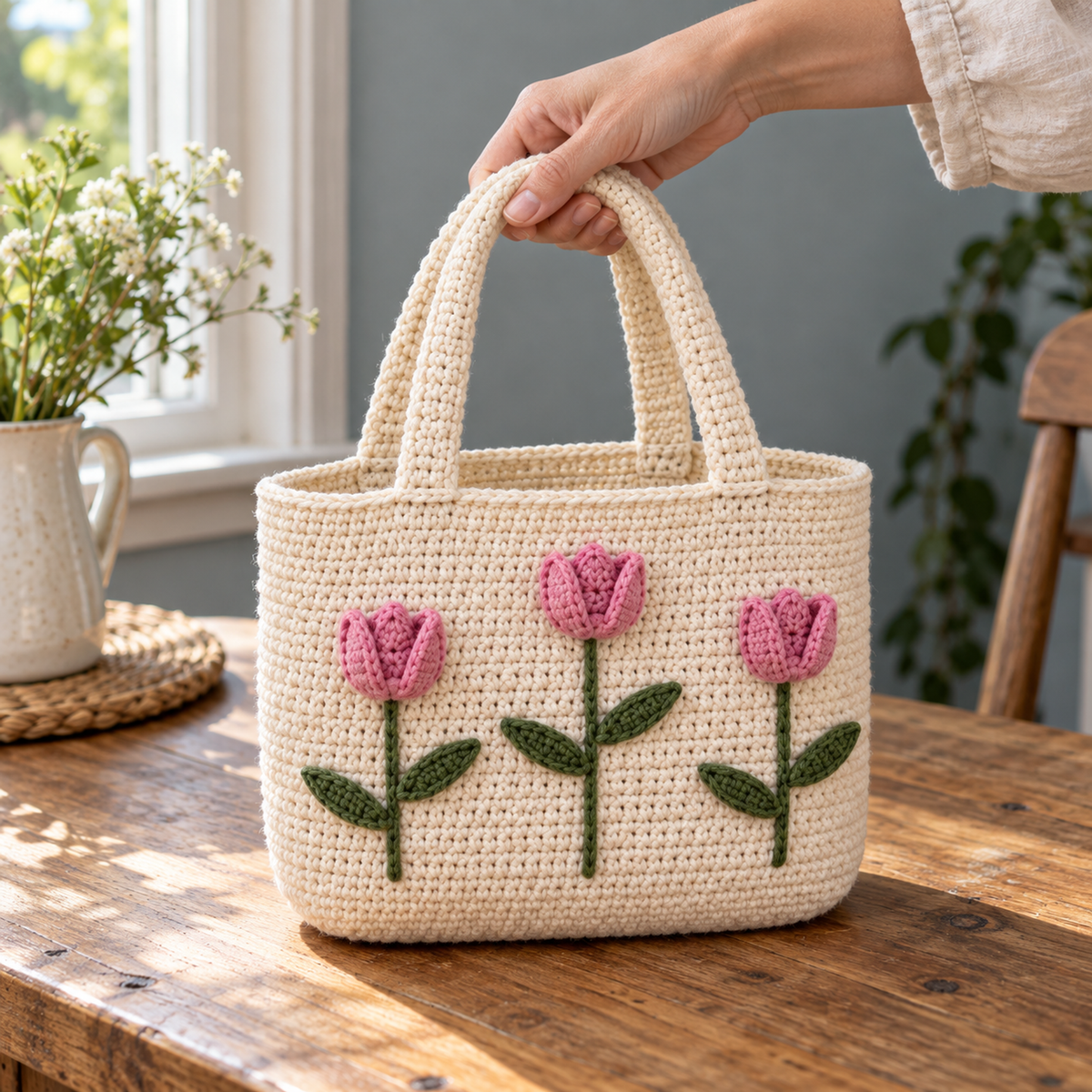 Close detail of three cupped pink crochet tulips, six green leaves and cream stitches, with a hand holding the tote handles.