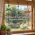 Three crochet wind spinners hang in a wooden kitchen window: a green three-tier Cone Turbine, a teal and cream Six-Vane Turbine, and a rust and sand Twin Rotor. The title reads 3-in-1 Turbine Wind Spinner Crochet Pattern.