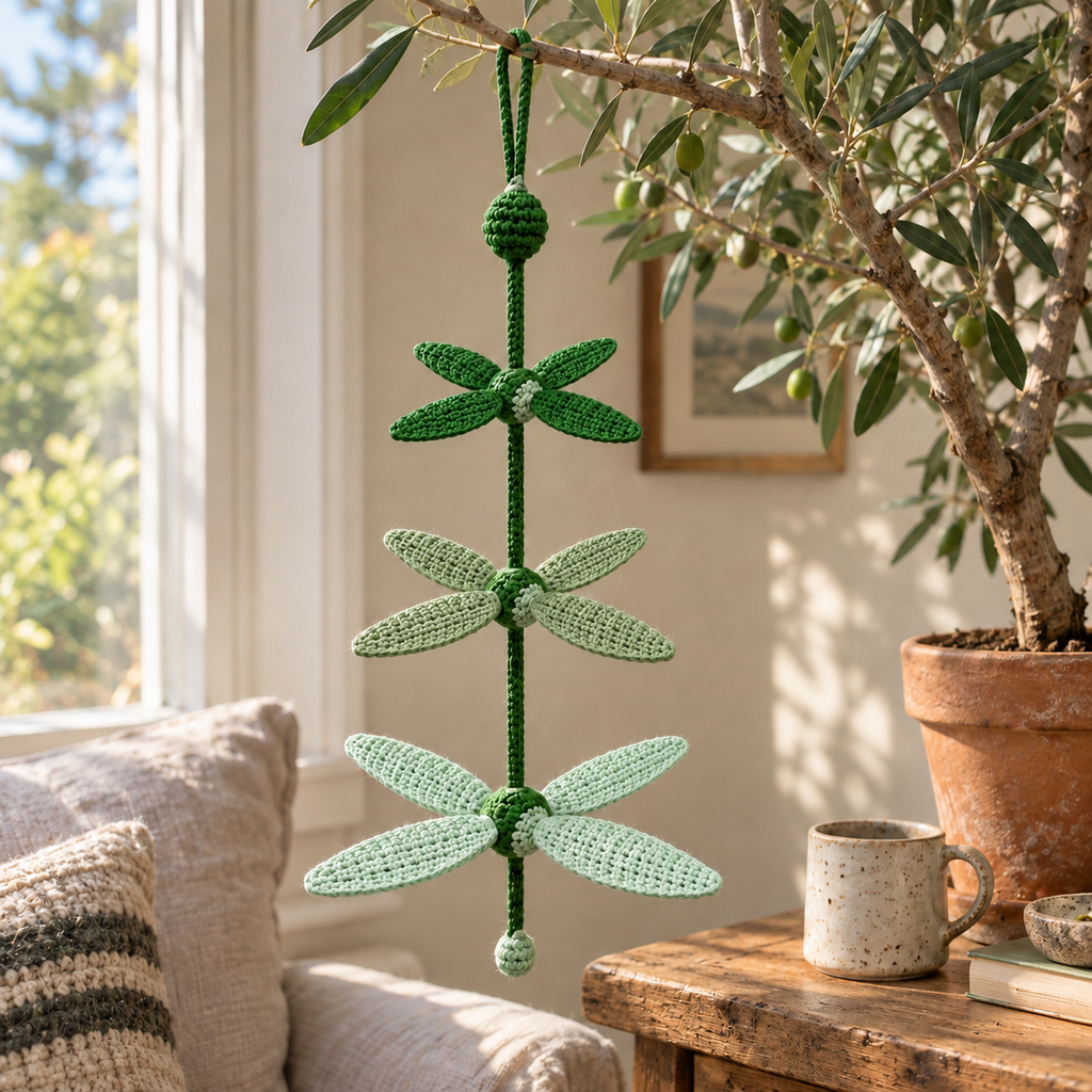 A Cone Turbine hangs from an olive-tree branch beside a living-room window, with short forest-green blades, longer sage blades and the longest pale-mint blades.