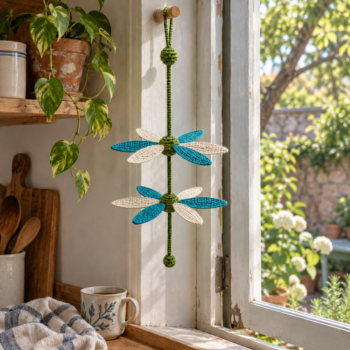 A Six-Vane Turbine with two tiers of alternating teal and cream blades hangs from a wooden peg beside an open kitchen window, near a plant, mug and dish towel.