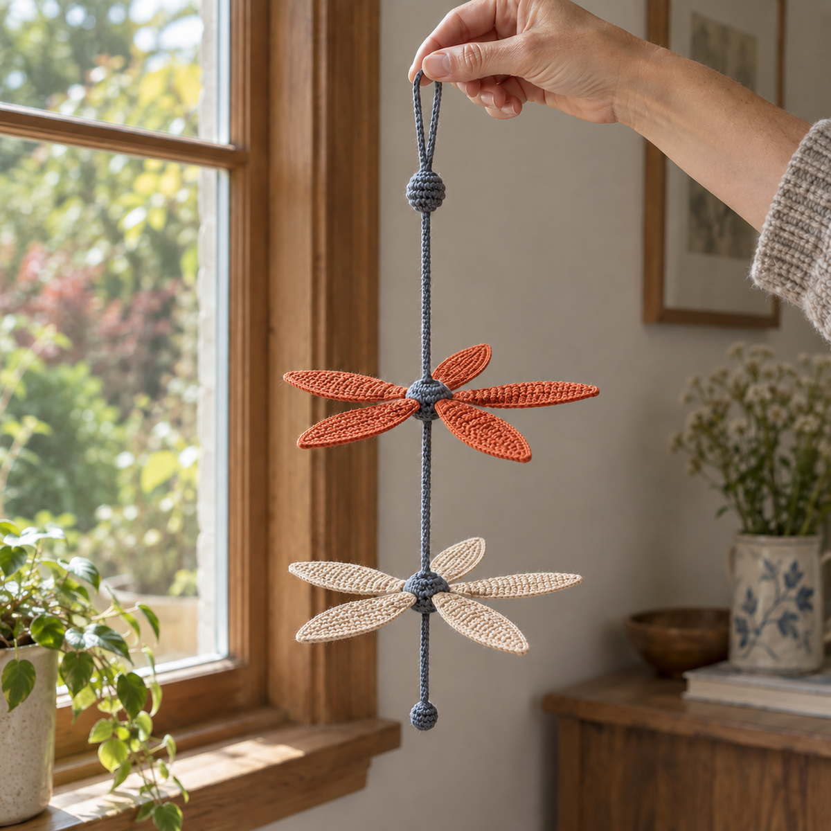 An adult hand holds the slate-grey hanging loop of a Twin Rotor by a wooden window, with rust-orange blades above sand-coloured blades.