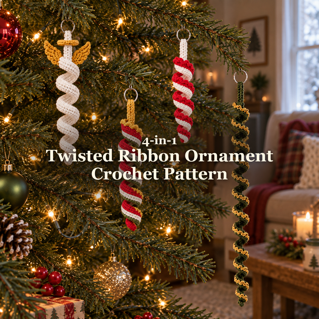 Four twisted crochet Christmas ornaments in ivory and gold, red and ivory, festive stripes, and green and gold hanging on a lit Christmas tree, with the product title across the centre.