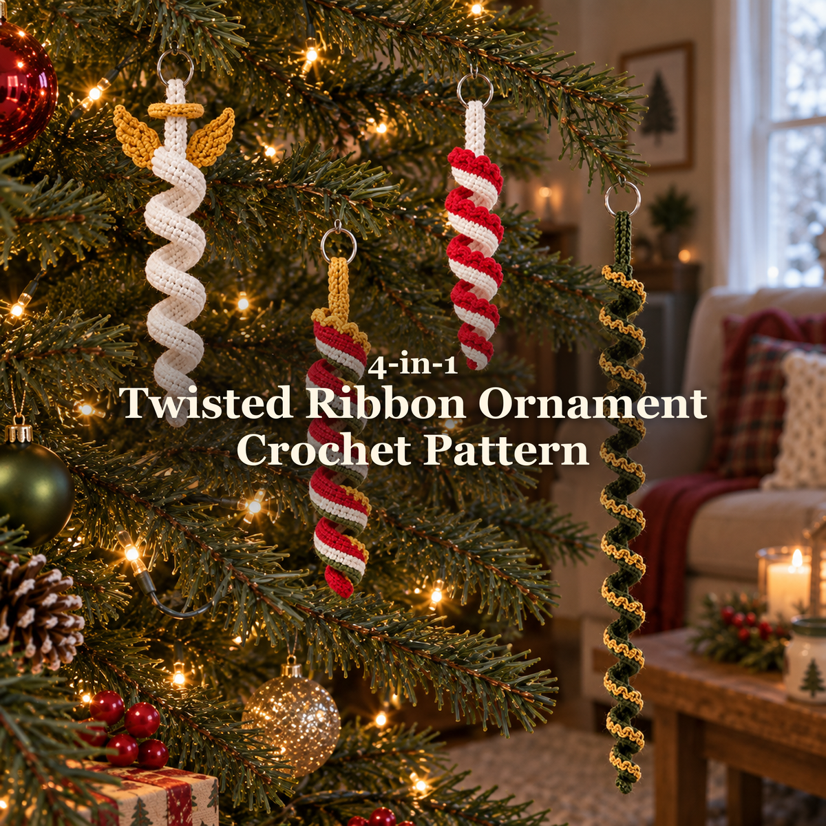 Four twisted crochet Christmas ornaments in ivory and gold, red and ivory, festive stripes, and green and gold hanging on a lit Christmas tree, with the product title across the centre.