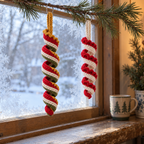 A red, ivory and green crochet spiral with gold trim and a shorter red-and-ivory spiral hanging beside a frosty wooden window.